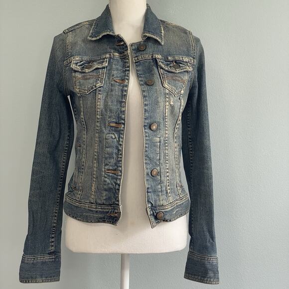 Abercrombie Fitch Trucker Jacket Mediym Blue Denim Jean Distressed Y2K Grunge M - Picture 1 of 15